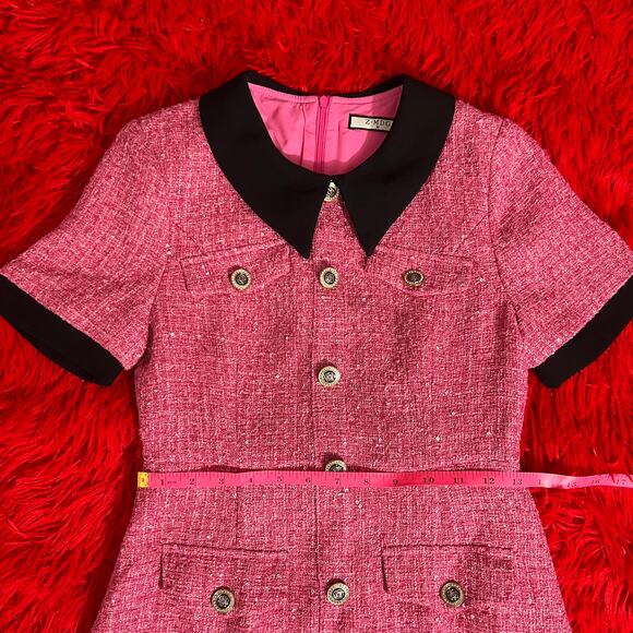 Womens Vintage Pink and Black Tweed Chanel Inspired 90s Office Siren Dress M - Picture 2 of 4